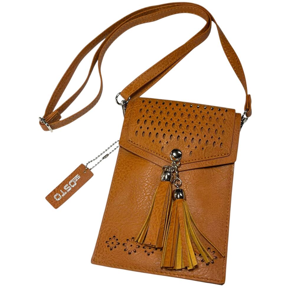 Brown Faux Leather Crossbody Phone Bag Tassel Small Boho